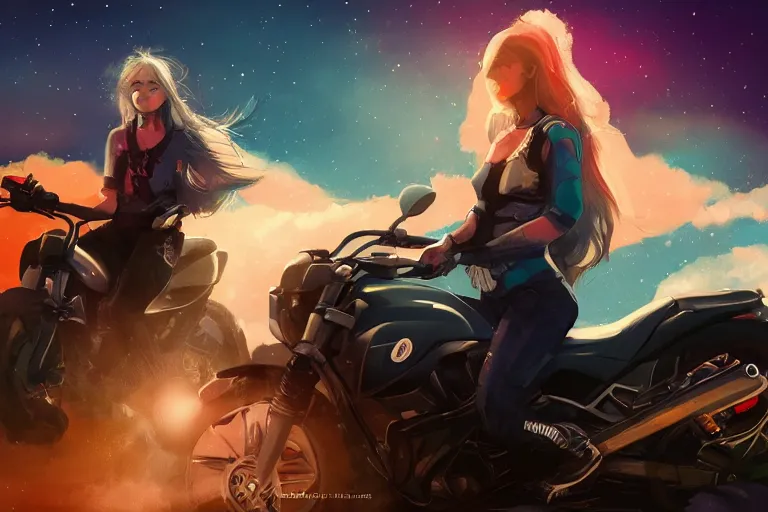 Image similar to a girl is riding a motorbike, digital painting, artstation, the space background,concept art, illustration,