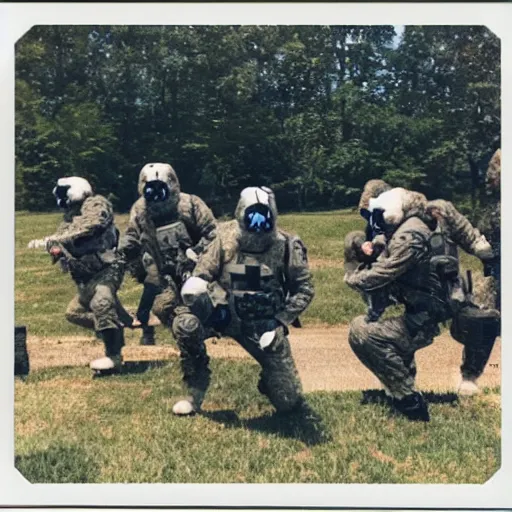 Image similar to Polaroid photo of a SWAT team of furry fursuiters engaging in a training exercise at the FBI Academy in Quantico.