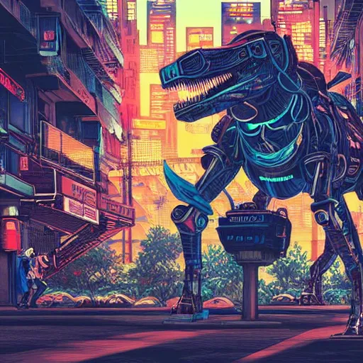 Prompt: hyper-detailed, intricate, full colour anime illustration of a mecha dinosaur standing at a ghetto street corner with graffiti in the background, night, city, dark, cyberpunk