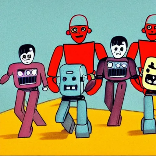 Image similar to A scary robot is chasing after a bunch of scared adults , in the style of 1960s, with fully detailed faces, fully detailed , faces in focus ,4k ,HD