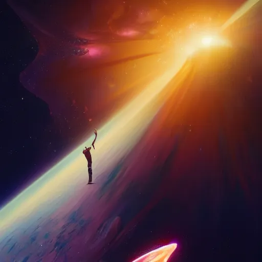 Image similar to a beautiful, powerful woman sitting in space, reaching her hand out toward the camera, emanating magic from her palms, extreme closeup!!!!! image, cgsociety contest winner, illustrated by mike beeple winklemann, greg rutkowski, and gaston bussiere, space art, portrait art, artstation, 4 k, 8 k