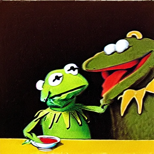 Image similar to “Kermit the Frog Devouring His Son” by Francisco Goya