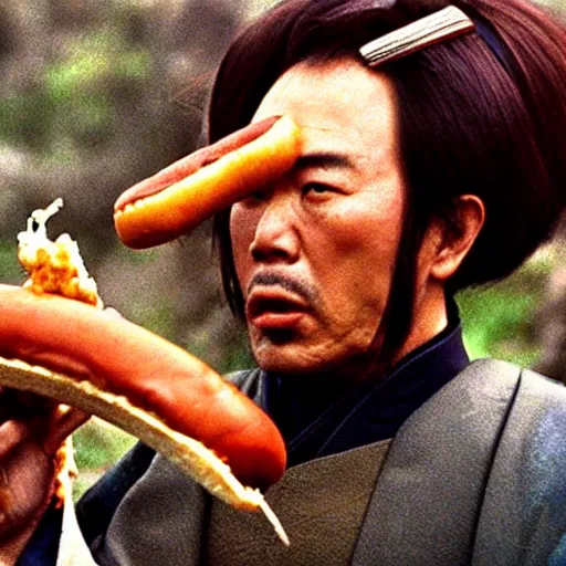 Image similar to a samurai eating a delicious hot dog, scene from Kagemusha, 1980, movie still, cinematic,