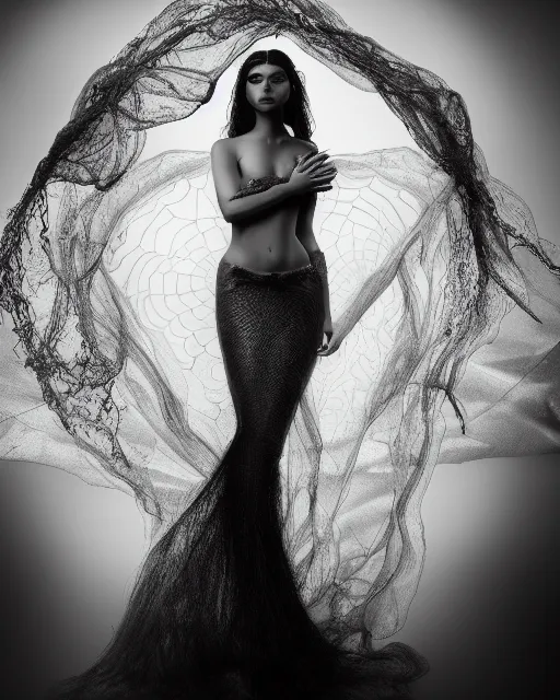 Image similar to surreal mythical dreamy dark artistic black and white fine art photo of a beautiful young female angel - mermaid - cyborg covered with translucent algae lace web, rim light, cinematic, studio dramatic light, poetic, octane render, 8 k, photo - realistic, by floria sigismondi