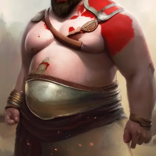 Image similar to kratos as an obese toddler a highly detailed beautiful portrait greg rutkowski alchemy luxury heavenly light soft illumination, trending on artstation cinematic lighting digital painting octane render