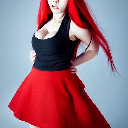 Prompt: cute anime girl with red hair, angry facial expression, in red dress