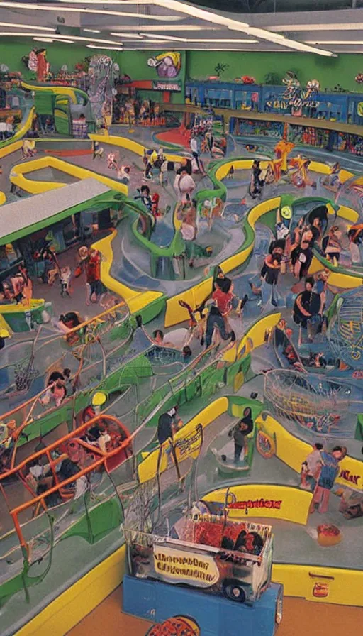 Prompt: 1990s photo of inside the Boring News Grown up errands ride at Universal Studios in Orlando, Florida, children riding on tiny minivans go-carts through a fake grocery store maze course , Nickelodeon slime blaster, flying soccer balls, business men, cinematic, UHD