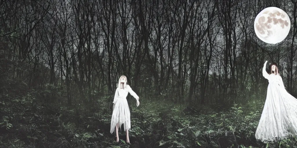 Image similar to a vampire woman in a white lace dress, standing in a dark forest with the moon shining brightly