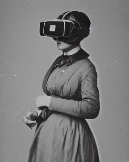 Image similar to 1 8 0 0 s photo of a person wearing a vr virtual reality headset