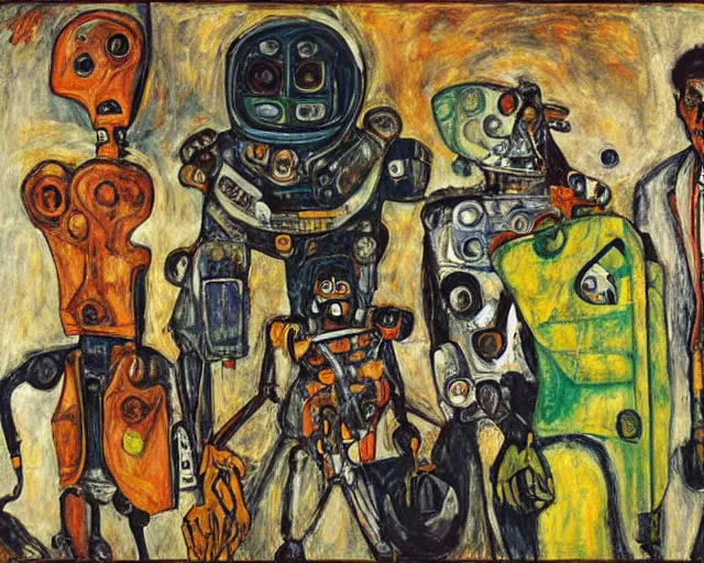 Prompt: a painting of a robot family portrait by graham sutherland, egon schiele, expressionism