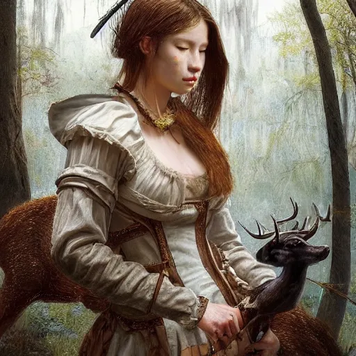 Image similar to A masterpiece portrait of a Incredibly beautiful maid barique renaissance swamp nun girl hunting on deer with russian greyhound medium shot, intricate, elegant, highly detailed. trending on artstation, digital art, by Stanley Artgerm Lau, WLOP, Rossdraws, James Jean, Andrei Riabovitchev, Marc Simonetti, Yoshitaka Amano. background by James Jean and Gustav Klimt, light by Julie Bell, 4k, porcelain skin.