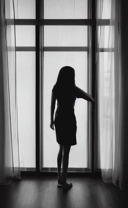 Image similar to a beautiful photograph of a woman standing in a dark room next to a window on a sunny day, dramatic composition