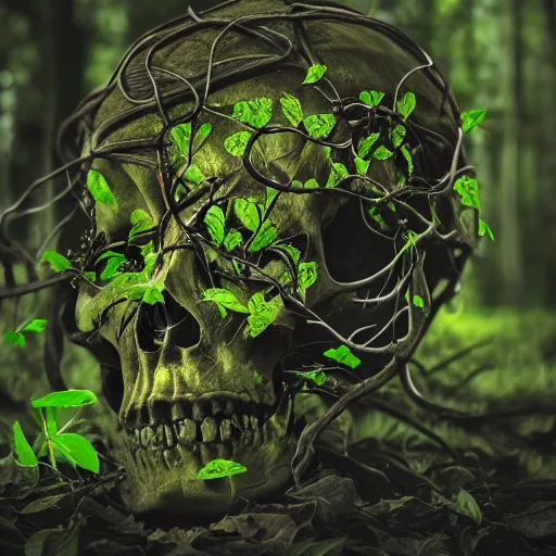 Prompt: black leafed vines growing through a human skull in the woods, dark atmosphere