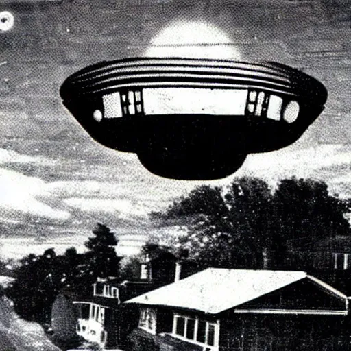 Image similar to UFO over suburban houses, grainy 1950s newspaper photo