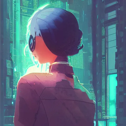 Image similar to Highly detailed portrait of a cyberpunk young lady with, freckles and wavy hair by Atey Ghailan, by Loish, by Bryan Lee O'Malley, by Cliff Chiang, by Greg Rutkowski, inspired by image comics, inspired by graphic novel cover art, inspired by nier!! Gradient color scheme ((grafitti tag brick wall background)), trending on artstation