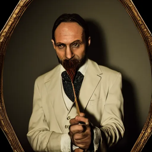 Prompt: Photo of a stern man in a crimson peak lapel suit holding up a spoon in his hand in a menacing way, chiaroscuro, medium full shot