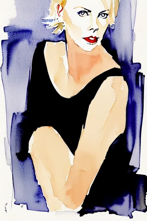 Image similar to charlize theron, watercolor portrait by David downton