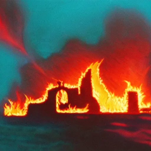 Prompt: a burning castle in a red sea