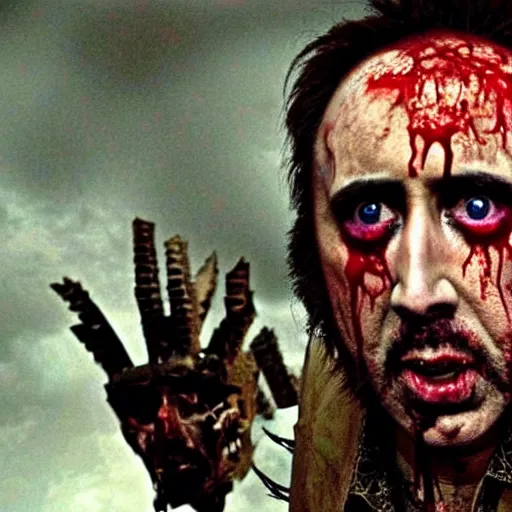 Image similar to Nicolas Cage as the putrescent lord of decay crying tears of blood, perched upon a throne diseased alien skulls, bizarre, cinematic, Eastman 5384 film