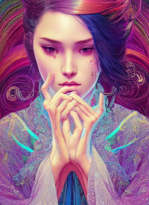 Image similar to beautiful young woman, gorgeous face, sad eyes, tears, cyberpunk, vaporwave aesthetic, synthwave, colorful, psychedelic, intricate, elegant, long beautiful flowing kimono, highly detailed, digital painting, artstation, concept art, smooth, sharp focus, illustration, art by artgerm and greg rutkowski and alphonse mucha