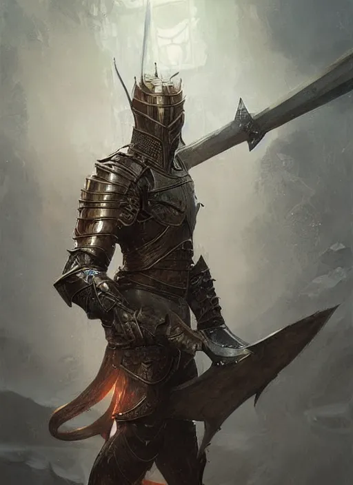 Image similar to portrait of a draconic knight, holding a claymore, victorian, concept art, detailed face, fantasy, close up face, highly detailed, cinematic lighting, digital art painting by greg rutkowski