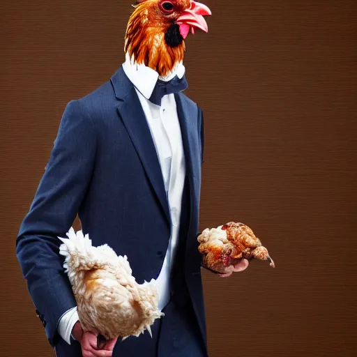 Image similar to a high quality photo of a chicken wearing a suit, 8k, digital art