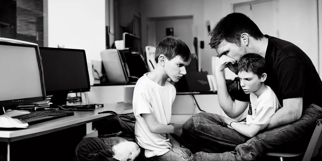 Prompt: black and white photo of angry man behind computer and sad kid sitting near the man