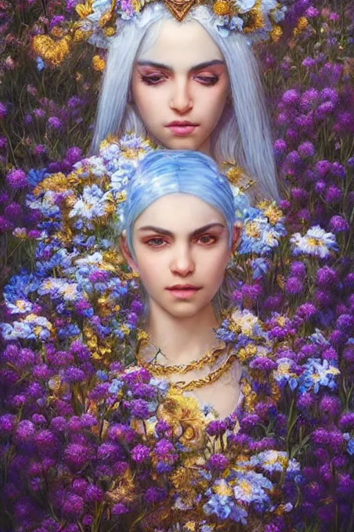 Prompt: a pale Iranian girl with white hair, floral crown, sad blue eyes, cinematic lighting, ultra detailed, highly detailed, sharp focus, golden background with flowers, golden jewellery with blue sapphires, photographic, art by artgerm and greg rutkowski and zdislav beksinski