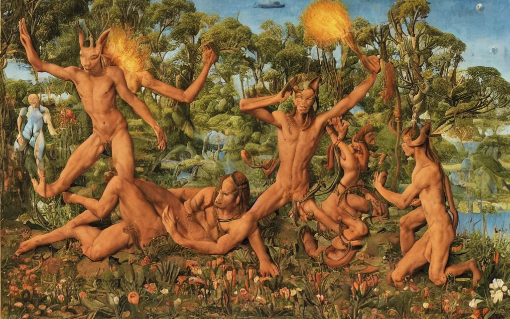 Image similar to a portrait photograph of a meditating satyr and a centaur monk riding a rocket machine and hunting at a river delta. surrounded by bulbous flowers and trees. mountain range under a blue sky of fiery stars. by jan van eyck, max ernst, ernst haeckel, ernst fuchs and artgerm, cgsociety, fashion editorial, 8 k