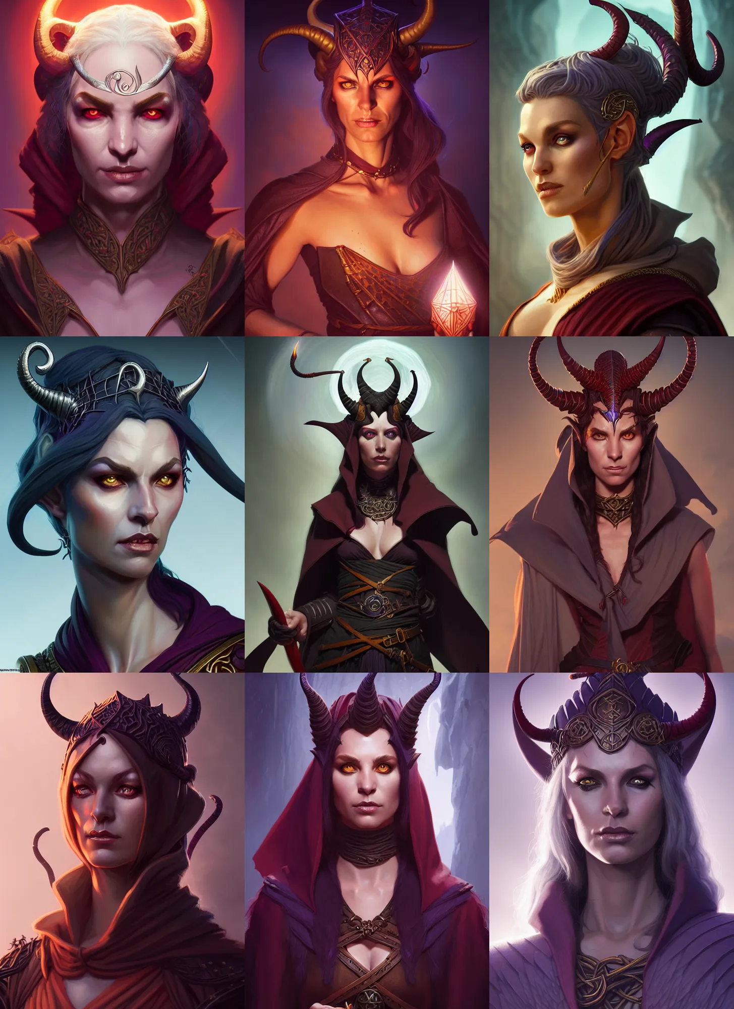 Prompt: dungeons and dragons portrait of a tiefling sorceress, slight smile, intricate, highly detailed, dynamic lighting, digital art, digital painting, artstation, terence nielsen, sharp focus, illustration, art by artgerm and greg rutkowski and moebius, 8 k