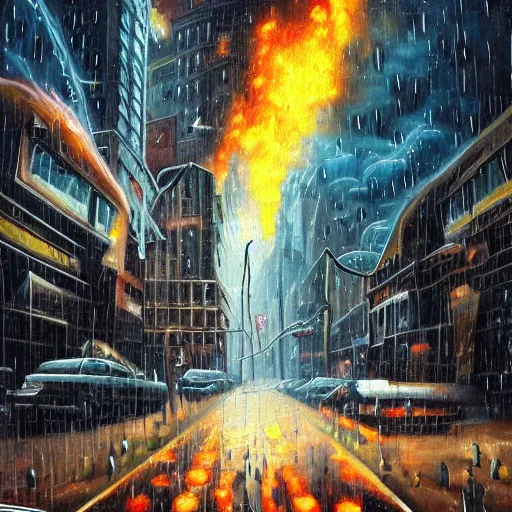 Image similar to hyperrealistic oil painting of the aliens invading earth at the rainy day all the people are running the street are ruined the buildings are on fire and the aliens are shooting laser guns 3 d