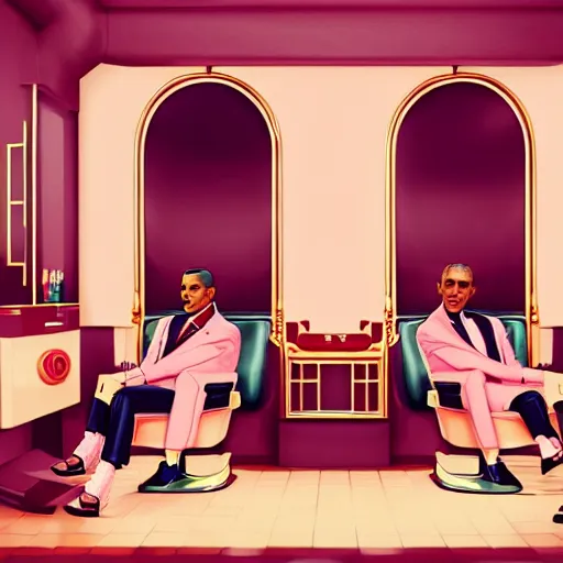 Image similar to illustration of nicki minaj sitting next to barack obama in a 6 0's vintage barbershop, symmetrical, cinematic scene, brownish colors, hyper realistic, highly detailed, octane render, trending on artstation