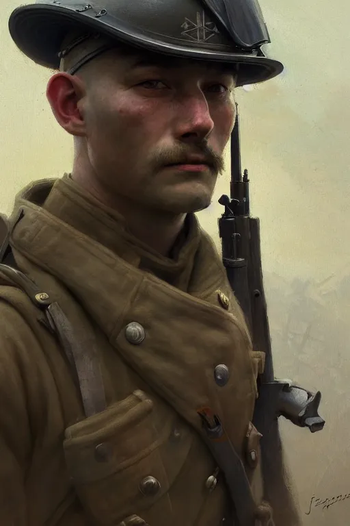Prompt: portrait of a world war 1 soldier looking through sniper scope to the camera, extremely detailed digital painting, in the style of fenghua zhong and ruan jia and jeremy lipking and peter mohrbacher, mystical colors, rim light, beautiful lighting, 8 k, stunning scene, raytracing, octane, trending on artstation