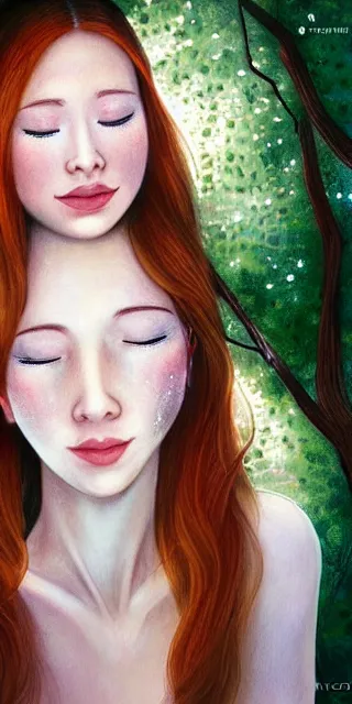 Prompt: infp young woman, smiling, amazed by golden fireflies lights, sitting in the midst of nature fully covered, long loose red hair, intricate linework, green eyes, small nose with freckles, oval shape face, realistic, expressive emotions, dramatic lights, spiritual scene, hyper realistic ultrafine art by cecco del caravaggio and artgerm
