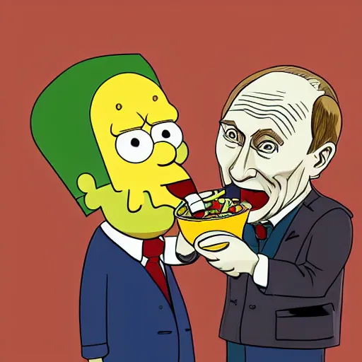 Image similar to a person looking like vladimir putin eating piccolo with sponch bob, digital painting