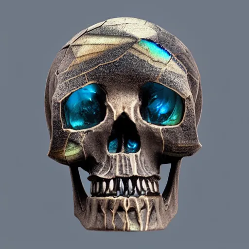 Prompt: skull made of labradorite, front view, symmetrical