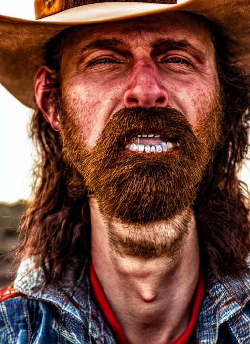 Image similar to closeup portrait of desperate dan (cowboy), zeiss lens, detailed, symmetrical, centered, fashion photoshoot, by Annie Leibovitz and Steve McCurry, David Lazar, Jimmy Nelsson, Breathtaking, 8k resolution, extremely detailed, beautiful, establishing shot, artistic, hyperrealistic, beautiful face, octane render