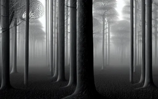 Image similar to black and white drawing of a cyborg forest, trees looks like robots, rim light, cinematic, studio dramatic light, poetic, surreal mythical dreamy dark artistic masterpiece, octane render, 8 k, photo