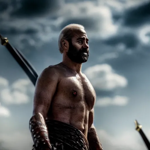 Image similar to cinematic film still of joe biden as leonidas without a beard in 3 0 0 movie, 8 k, epic moody sky, dramatic lighting