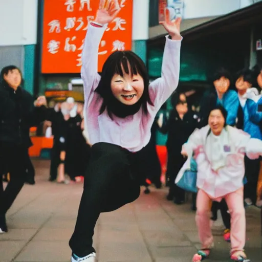 Prompt: photo of japanese girl jumping up and down in happiness