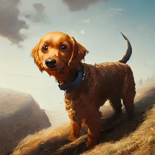 Prompt: chiweenie and goldendoodle, oil painting, Tooth Wu, Greg Rutkowski, RPG portrait, dynamic lighting, fantasy art, High contrast, depth of field