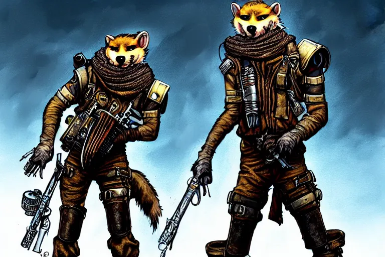 Image similar to a good ol'weasel fursona ( from the furry fandom ), heavily armed and armored facing down armageddon in a dark and gritty version from the makers of mad max : fury road. witness me.