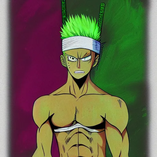 Prompt: colourful pencil sketch of zoro from one piece using mops, beautiful, masterpiece, digital art, detailed, trending on artstation