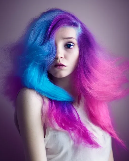 Image similar to a dramatic lighting photo of a beautiful young woman with cotton candy hair. with a little bit of cyan and pink