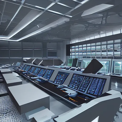 Image similar to futuristic mission control center, johnson space center, concept art, 3 d render, high quality