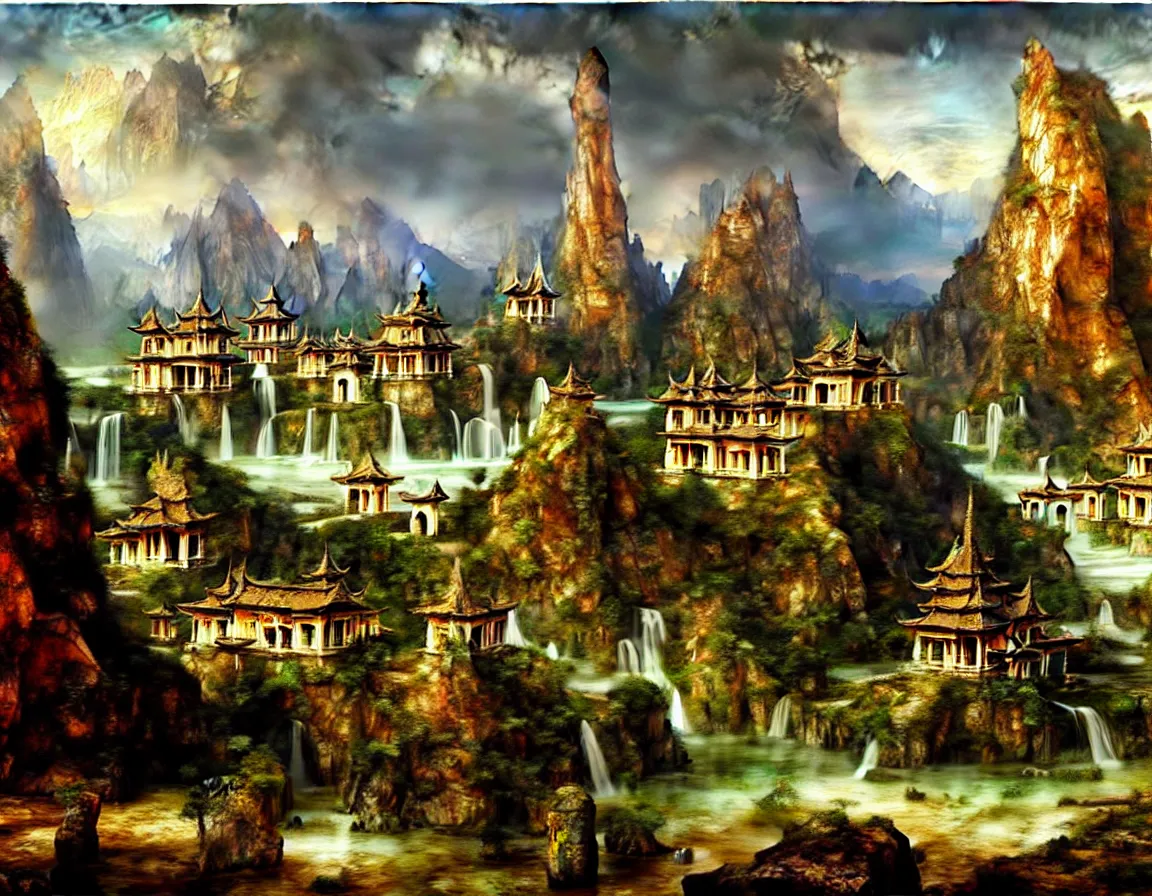 Prompt: hyper realistic detailed oil painting of ancient lost town of shangrila, 8 k ultra hd, by jan matejko