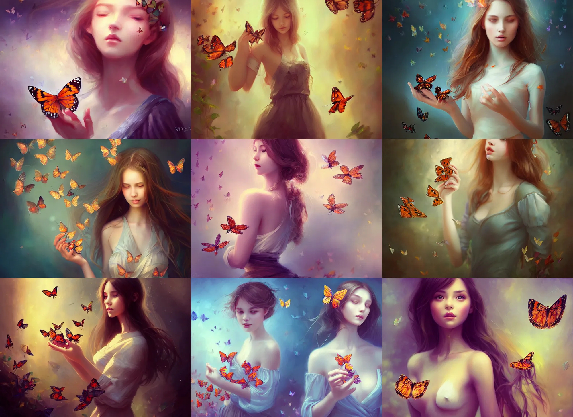 Prompt: a beautiful young lady holding a bunch of butterflies, digital art by wlop, deviantart contest winner, fantasy art, digital illustration, digital painting, photoillustration