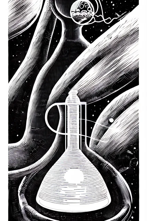 Image similar to an erlenmeyer flask with a caterpillar inside, bold line art, by vincent di fate and joe fenton, inking, etching, screen print, masterpiece, trending on artstation, sharp, high contrast, hyper - detailed, hd, 4 k, 8 k