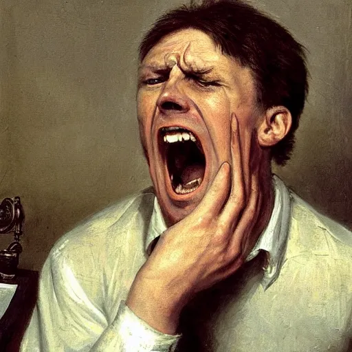 Image similar to an angry man yells at his computer monitor, oil on canvas, 1 8 8 3, highly detailed