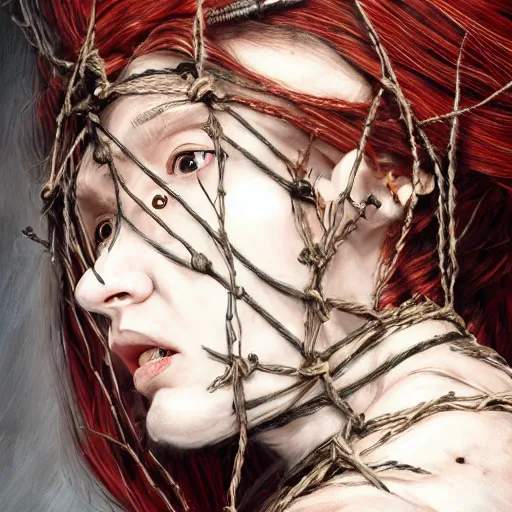 Prompt: portrait of a Shibari barbed wire wrapped face and neck, headshot, insanely nice professional hair style, dramatic hair color, digital painting, of a old 17th century, old cyborg merchant, amber jewels, baroque, ornate clothing, scifi, realistic, hyperdetailed, chiaroscuro, concept art, art by Franz Hals and Jon Foster and Ayami Kojima and Amano and Karol Bak,